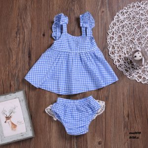 پیراهن بندی دخترانه چهار خانه یقه گلدوزی شده آبی