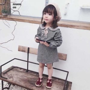 پیراهن دخترانه چهارخانه طوسی یقه دلبری