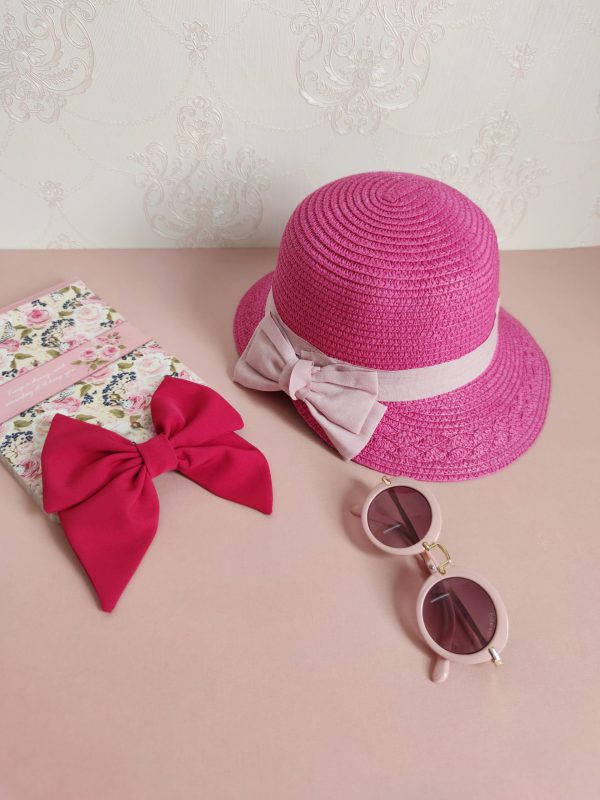 خرید اینترنتی کلاه دخترانه تابستانی پاپیون دار صورتی پررنگ