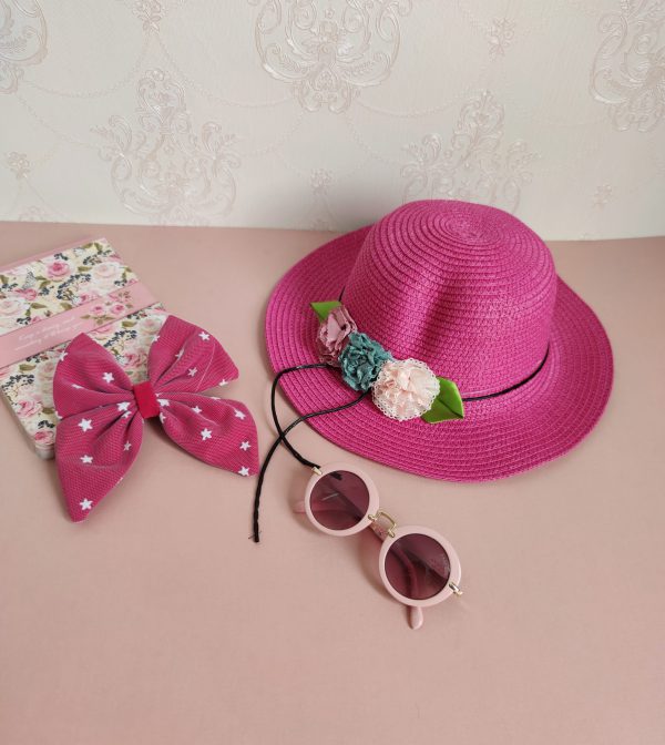 خرید اینترنتی کلاه دخترانه تابستانی گل دار صورتی پررنگ