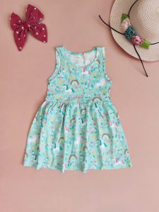 سارافن دخترانه حلقه ای سبزآبی طرح اسب تک شاخ