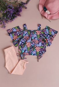 ست تاپ نخی و شلوار برمودا دخترانه گلدار بنفش