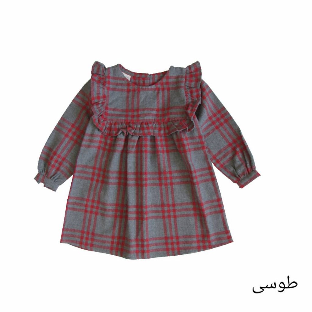 پیراهن دخترانه چهارخانه یقه خشتی طوسی