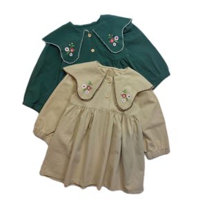 پیراهن کتان دخترانه یقه گلدوزی